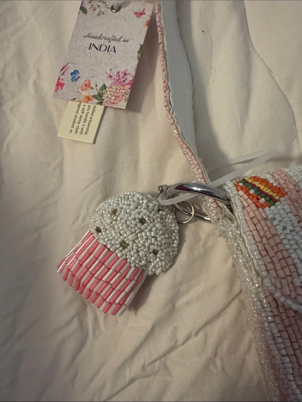 Made in India Pink Beaded Novelty Food Shoulder Bag with Beaded Bag Charm
